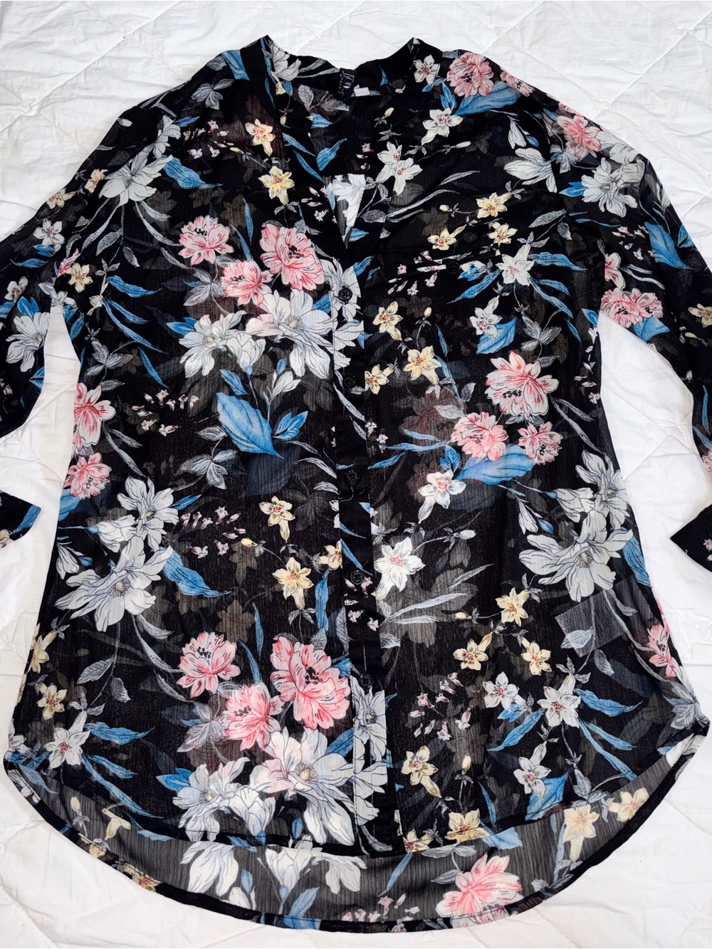 Kut from the Kloth Black Floral Button-Front Blouse with Pink & Blue Accents